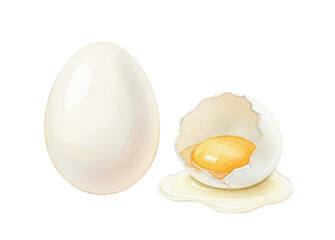 Watercolor Illustration of a Whole Egg and Cracked Egg with Yolk