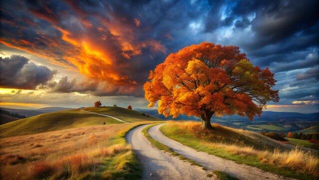 A solitary, vibrant orange tree stands majestically on a rolling hill, its autumn foliage ablaze with color, beside a winding dirt path under a dramatic sky filled with fiery sunset clouds and dark, m - Powered by Adobe
