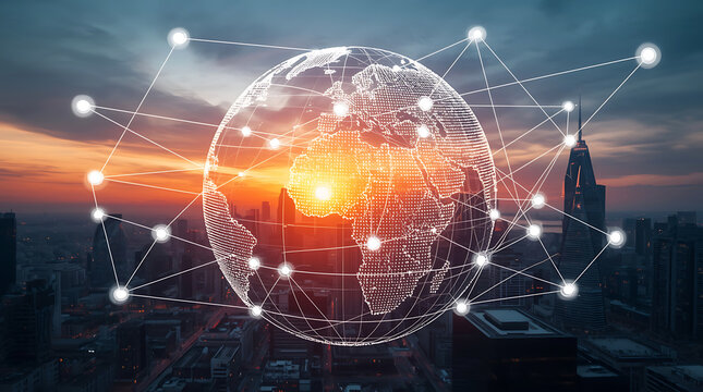 Abstract digital network sphere with bright light and futuristic cityscape background