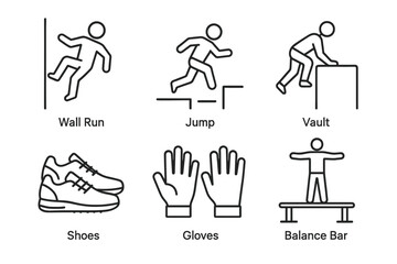 Parkour icons: wall run, jump, vault, shoes, gloves, balance bar