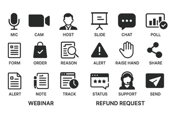 Webinar and refund request icons set for online interaction