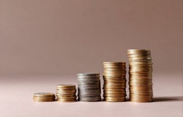 Stacks of coins increasing in size represent financial growth, savings, and investment success.