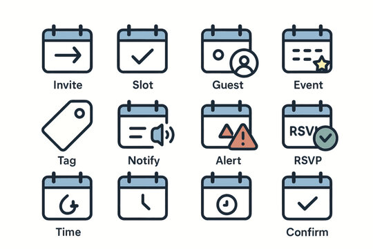 Invite event rsvp icons: calendar slots, notifications, alerts, guest management