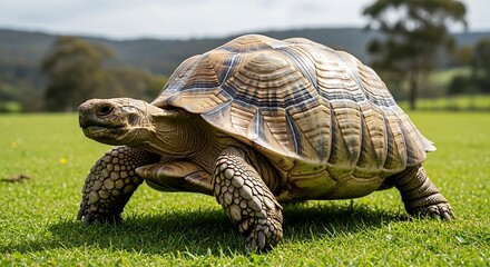 Fototapeta premium African Spurred Tortoise Walking on Lush Green Grass in a Sunny Rural Landscape