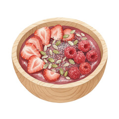 Watercolor Illustration of Smoothie Bowl with Berries and Seeds