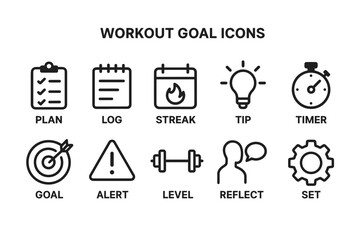 Workout goal icons: fitness planning, tracking, motivation, achievement symbols