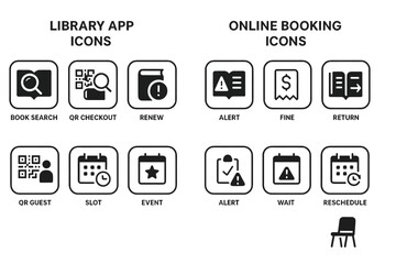Library and online booking app icons: book search, alerts, scheduling, and more
