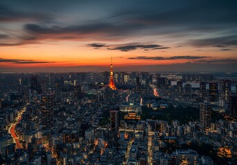 Tokyo Skyline at Dusk: Tower Illuminated Against Fiery Orange Horizon