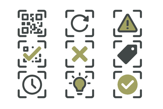 Qr code icons: warning, refresh, checkmark, tag, clock, lightbulb, playful style
