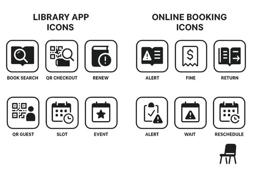 Library and online booking app icons: book search, alerts, scheduling, and more
