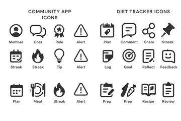 Community and diet tracker icon set featuring alerts, plans, and feedback tools