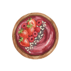 Watercolor Illustration of a Smoothie Bowl with Strawberries, Raspberries and Seeds