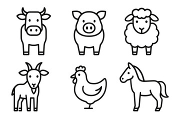 Obraz premium Black and white farm animal icons: cow, pig, sheep, goat, chicken, horse