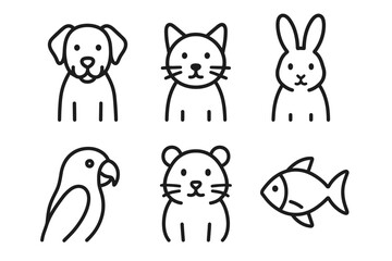 Obraz premium Outline icons of cute animals: dog, cat, rabbit, parrot, bear, fish