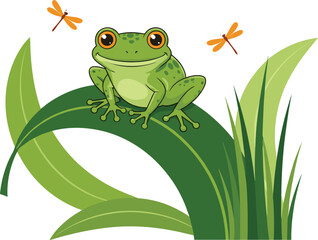 Cartoon green frog illustration, sitting on leaf with orange dragonflies, nature scene vector drawing, children’s content, white background, playful design