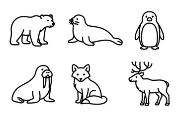 Obraz premium Outline illustrations of arctic animals including bear, seal, penguin, walrus, fox, and deer