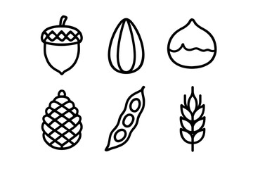 Black and white outline icons of nuts and seeds: acorn, sunflower seed, chestnut, pine cone, peapod, wheat