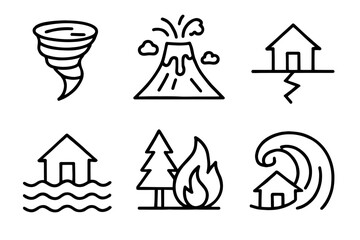 Fototapeta premium Natural disaster icons: tornado, volcano, earthquake, flood, wildfire, tsunami
