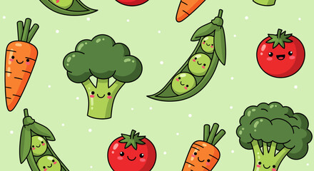 Seamless pattern of cute smiling cartoon vegetables including carrots, broccoli, peas in a pod, and tomatoes on a light green background.