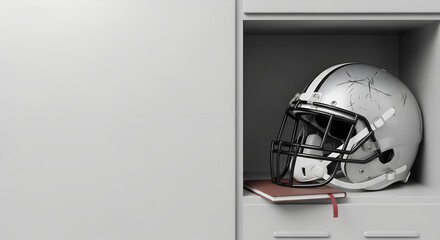 Football playbook and helmet on neutral locker shelf with copy space