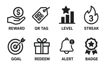 Set of reward and notification icons including qr tag, level, goal, and alert symbols