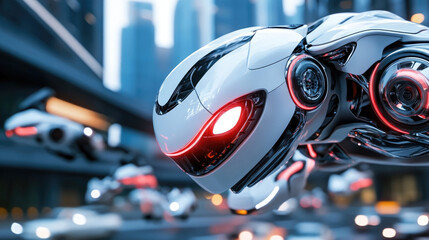 Concept of futuristic battle between transformer robots using advanced future weapons, with flying robots in the background, dynamic science fiction scene, copy space