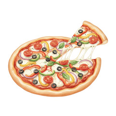 Watercolor Illustration of Supreme Pizza with Vegetables and Pepperoni