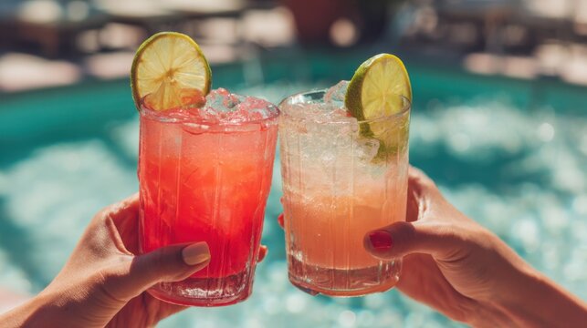 Two friends cheer with colorful cocktails garnished with lime slices at a poolside on a warm summer day. The clear water sparkles in the sunlight, creating a vibrant atmosphere.