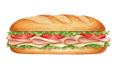 Watercolor Illustration of Ham and Mozzarella Baguette Sandwich