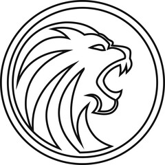 Graphic outline of fierce lion roaring, vector icon for armor designs, logos, or hunting club emblems.