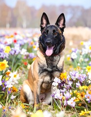 Dog sitting amongst colorful flowers in a field