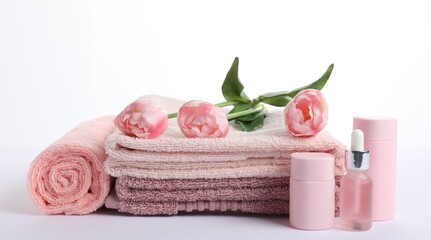 Stack of fresh terry towels, cosmetic products and flowers isolated on white