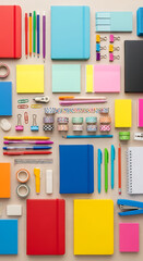 Overhead arrangement of colorful stationery items including notebooks, pens, pencils, sticky notes, washi tape, paper clips, and a stapler, creating a vibrant and organized flat lay on a light wooden 