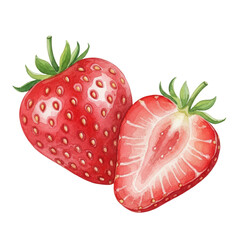 Watercolor Illustration of Whole Strawberry and Halved Strawberry