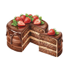 Watercolor Illustration of Chocolate Layer Cake with Strawberries