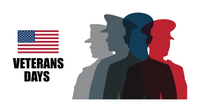 Veterans Day illustration with American flag and military silhouettes, honoring U.S. armed forces service and patriotic national tribute