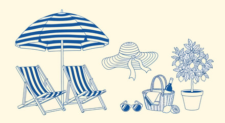 A collection of blue line art summer vacation items, including a striped beach umbrella, chairs, sun hat, and picnic basket.