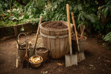 A variety of garden tools rest beside a wooden barrel filled with rich compost, surrounded by greenery in the afternoon light
