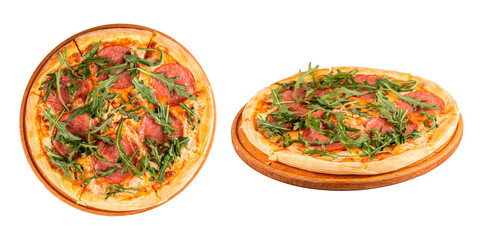 Pizza with salami and arugula on a transparent background, png
