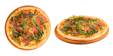 Pizza with salami and arugula on a transparent background, png