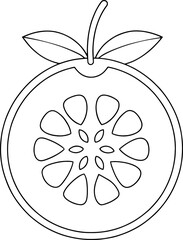 Simple outline drawing of fresh bael slice with stem and leaves ideal for coloring pages or creative artwork