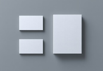 Isolated, top-down shot of two rectangular cards and a larger, vertical rectangle on grey