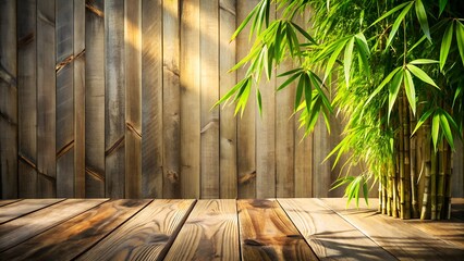 A lush bamboo plant with vibrant green leaves stands tall against a rustic wooden fence, with sunlight casting dramatic shadows and illuminating a weathered wooden table in the foreground