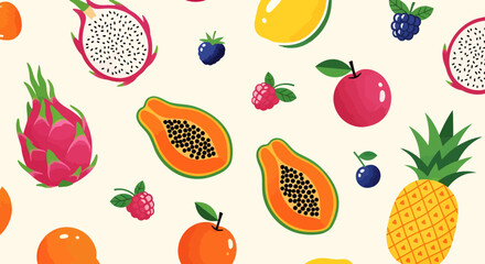A vibrant and colorful seamless pattern featuring a variety of fresh tropical fruits like dragon fruit, papaya, pineapple, mango, apples, and berries.