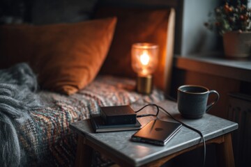 A warm and inviting bedroom space features a cup of coffee, a smartphone, and a soft blanket next to a glowing lamp on a bedside table
