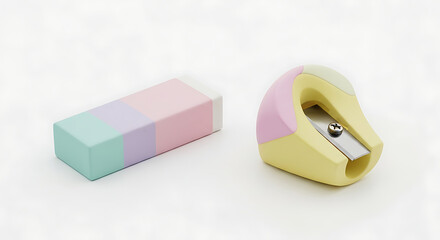 Pastel eraser and sharpener isolated on white background closeup of a rectangular eraser with three colors and a sharpener with a yellow and pink design, perfect for school or office supplies
