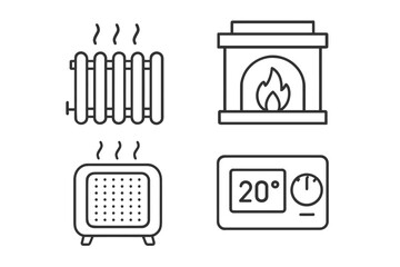 Home heating solutions: radiator, fireplace, heater, thermostat icons