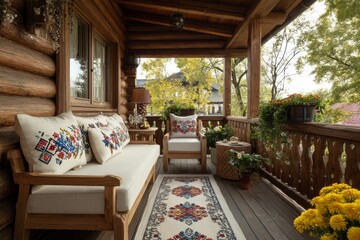 A comfortable balcony features a wooden bench with vibrant pillows, potted plants, and a beautiful rug, surrounded by lush greenery