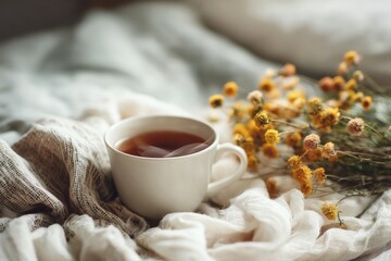 A warm cup of tea rests beside blooming yellow flowers on a soft, cozy blanket in a serene indoor space during morning light
