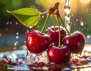 Fresh cherries splashing in water